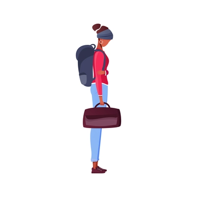 Migrant workers flat composition with female character standing with backpack and bag vector illustration