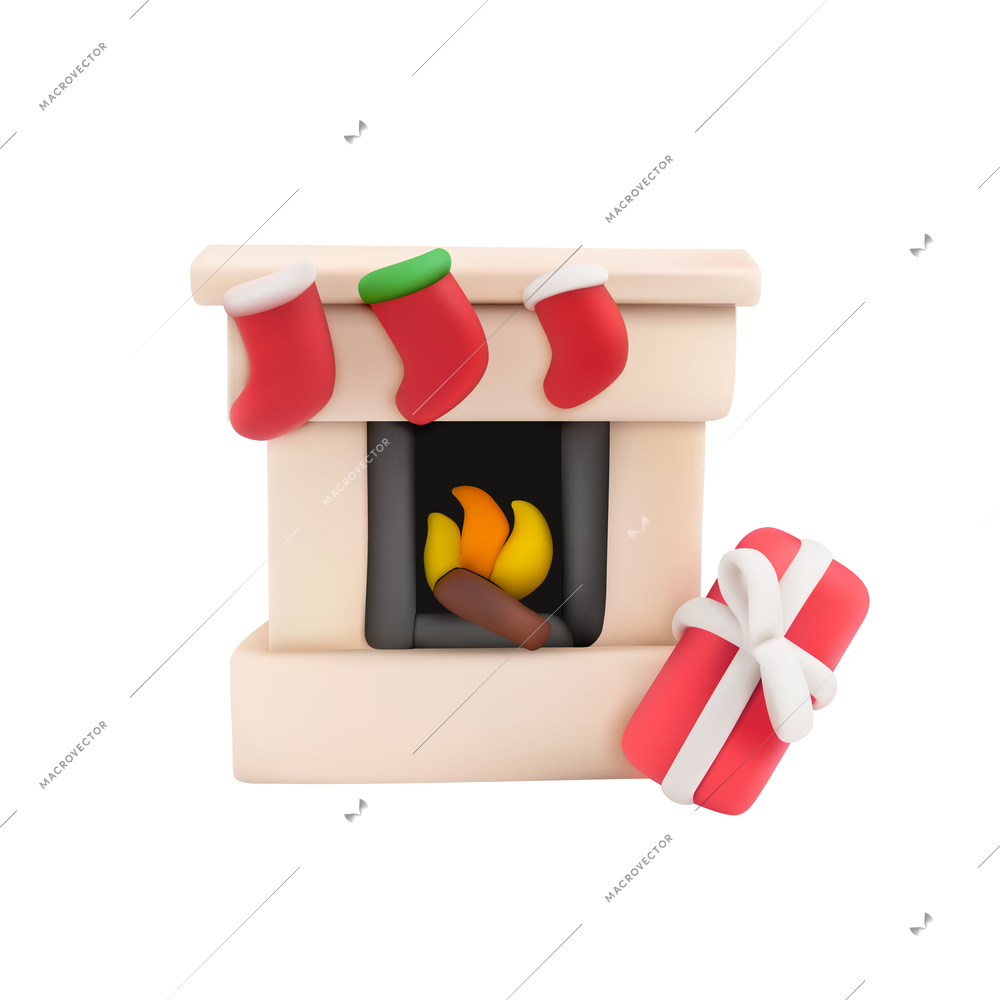 Christmas plasticine realistic composition with isolated image of fireplace with socks and gift box vector illustration