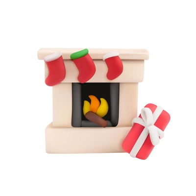 Christmas plasticine realistic composition with isolated image of fireplace with socks and gift box vector illustration