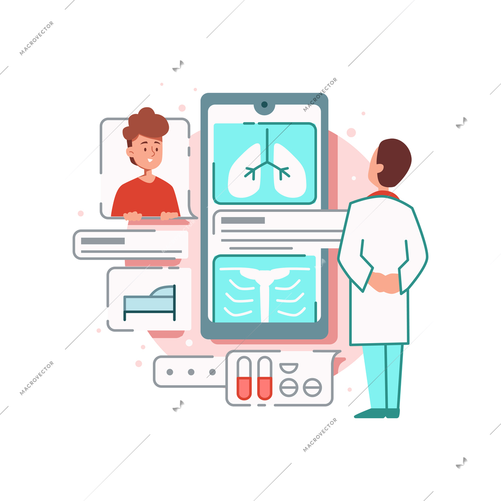 Online medicine flat composition with characters of doctor and patient screening body with smartphone vector illustration
