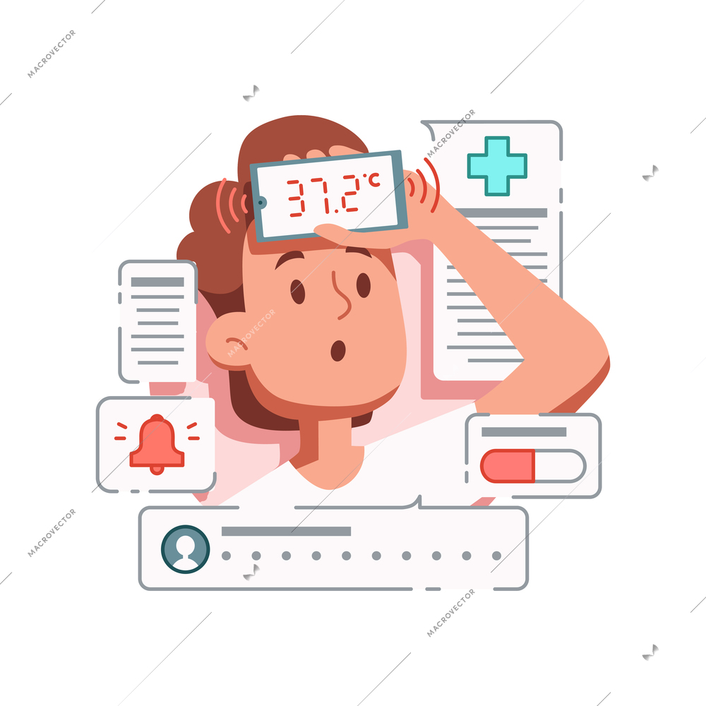 Online medicine flat composition with image of patient with smartphone and temperature checking app vector illustration