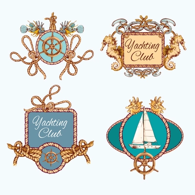 Yachting sea travel and sport decorative colored sketch emblems set with rope frames isolated vector illustration