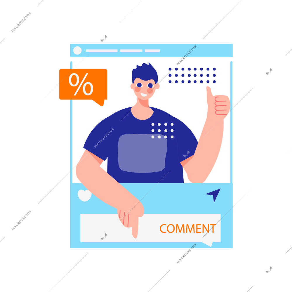 Influencer marketing flat composition with character of guy in smartphone vector illustration