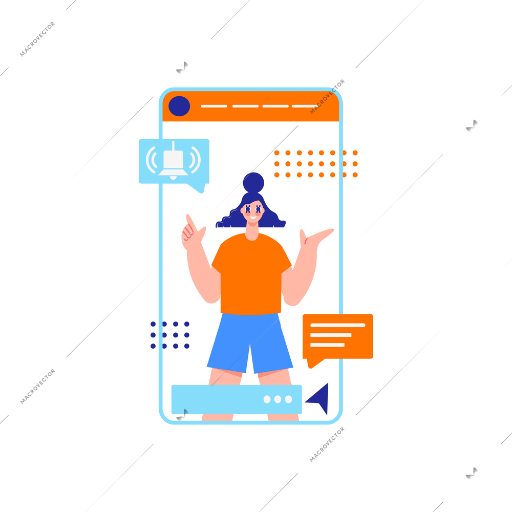 Influencer marketing flat composition with character of girl in smartphone vector illustration