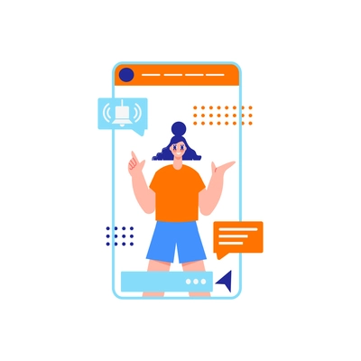 Influencer marketing flat composition with character of girl in smartphone vector illustration