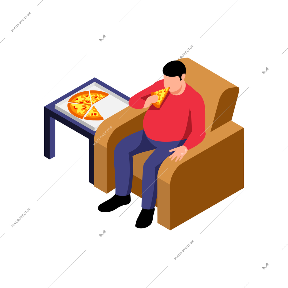 Isometric obesity unhealthy diet lifestyle composition with character of fat man eating pizza vector illustration