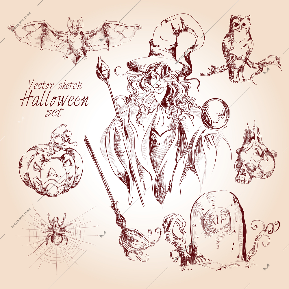 Halloween holiday celebration sketch decorative elements set isolated vector illustration