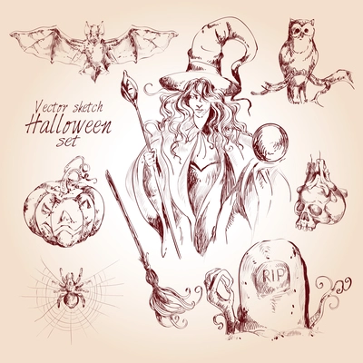 Halloween holiday celebration sketch decorative elements set isolated vector illustration