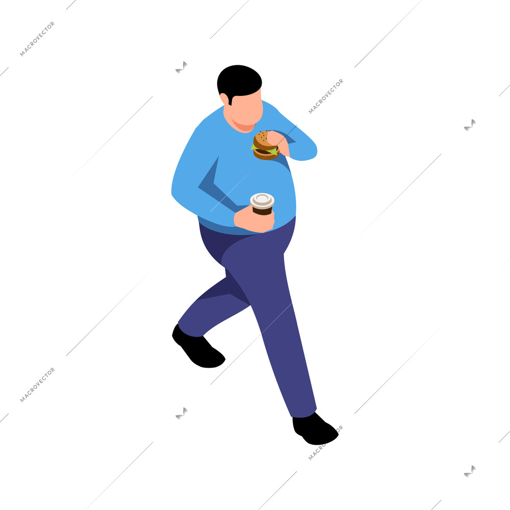 Isometric obesity unhealthy diet lifestyle composition with human character of fat man eating burger on the go vector illustration