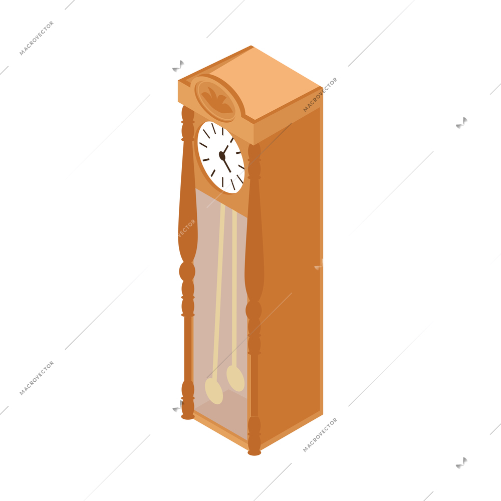 Pawn shop isometric composition with isolated image of antique clock in vertical cabinet vector illustration