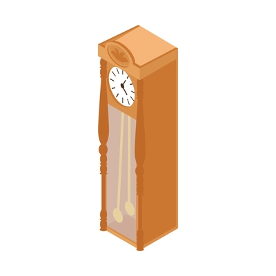 Pawn shop isometric composition with isolated image of antique clock in vertical cabinet vector illustration