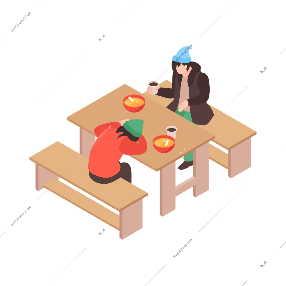 Isometric voluneer food homeless poor composition with view of eating people at table vector illustration