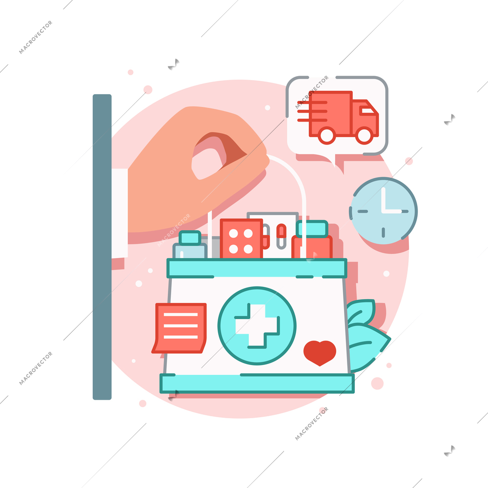 Online medicine flat composition with hand holding first aid box full of drugs with delivery sign vector illustration