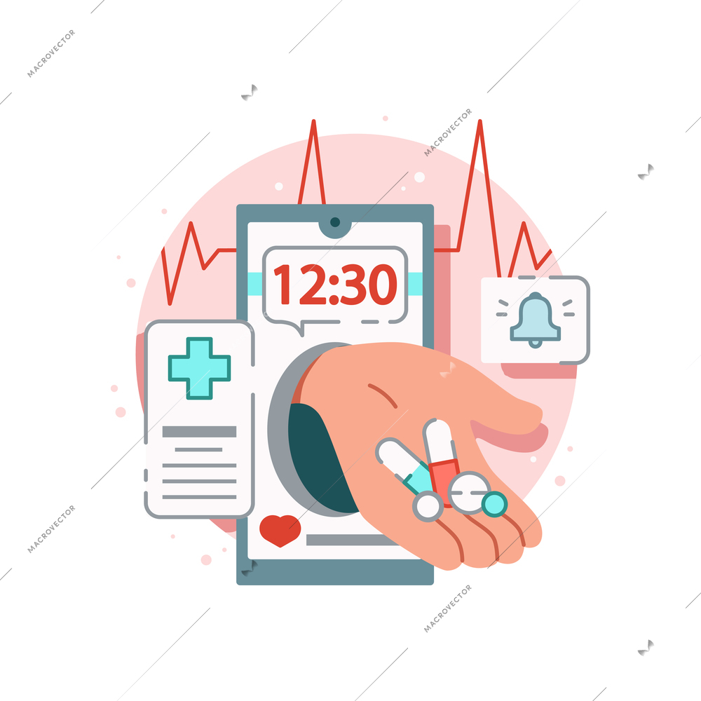 Online medicine flat composition with image of smartphone with reminder app for taking pills vector illustration