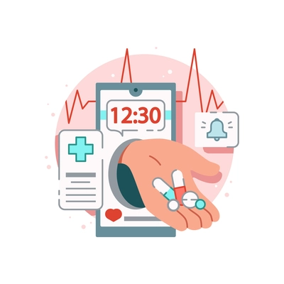 Online medicine flat composition with image of smartphone with reminder app for taking pills vector illustration