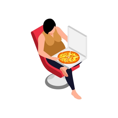 Isometric obesity unhealthy diet lifestyle composition with character of sitting woman opening pizza box vector illustration