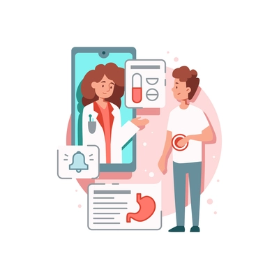 Online medicine flat composition with image of patient with stomach and doctor in smartphone vector illustration