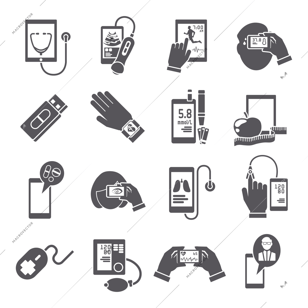 Mobile health pharmacy delivery computer diagnostics icons black set isolated vector illustration