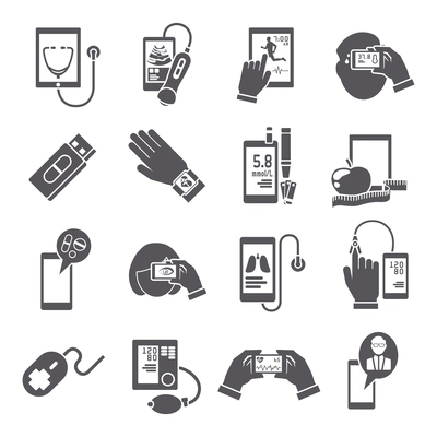 Mobile health pharmacy delivery computer diagnostics icons black set isolated vector illustration