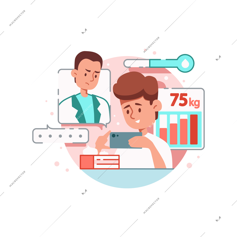 Online medicine flat composition with patient holding smartphone with doctor vector illustration