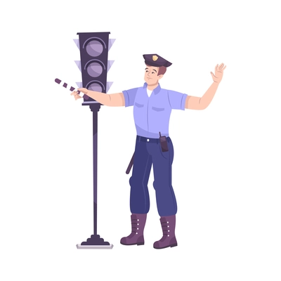 Traffic police flat composition with character of policeman near traffic light vector illustration