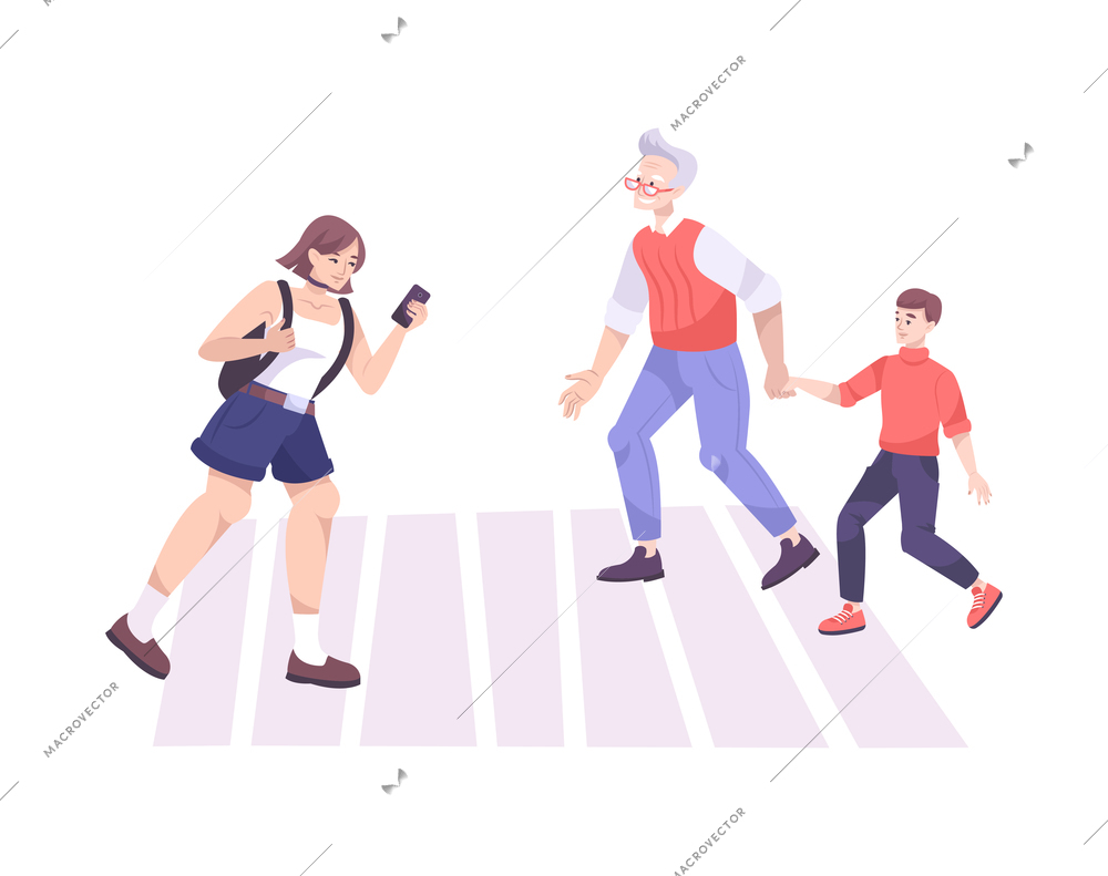 Traffic police flat composition with characters of pedestrians crossing road vector illustration