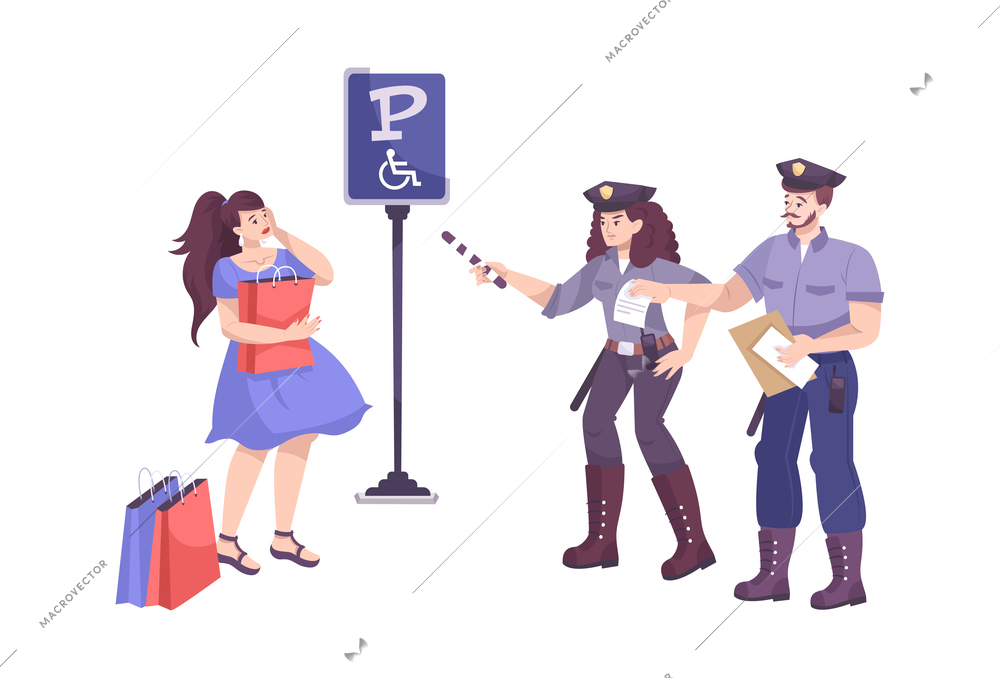 Traffic police flat composition with characters of police officers and woman near parking disabled bay sign vector illustration