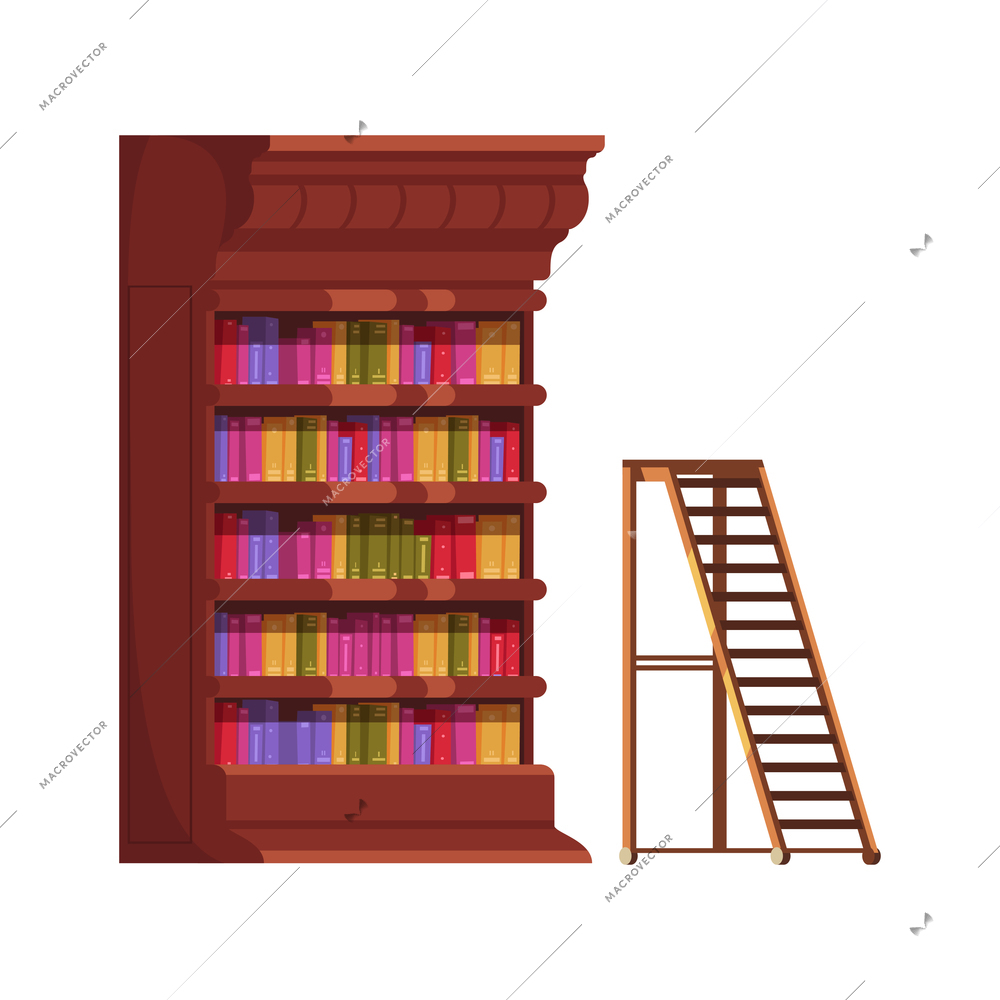 Old library interior composition with isolated image of vintage book cabinet with ladder vector illustration