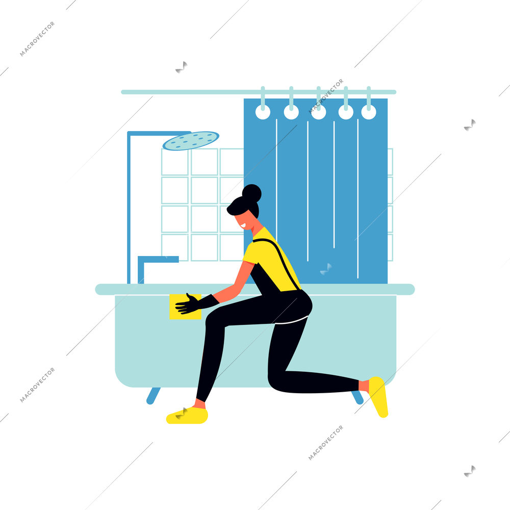 Cleaning service flat composition with human character of cleaning service worker washing bath tub vector illustration