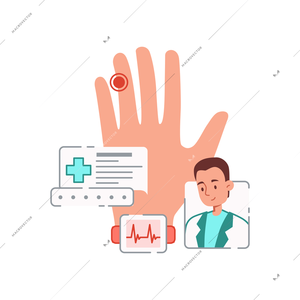 Online medicine flat composition with image of hand with cardio bracelet and watching doctor character vector illustration