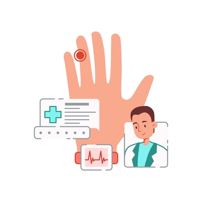 Online medicine flat composition with image of hand with cardio bracelet and watching doctor character vector illustration