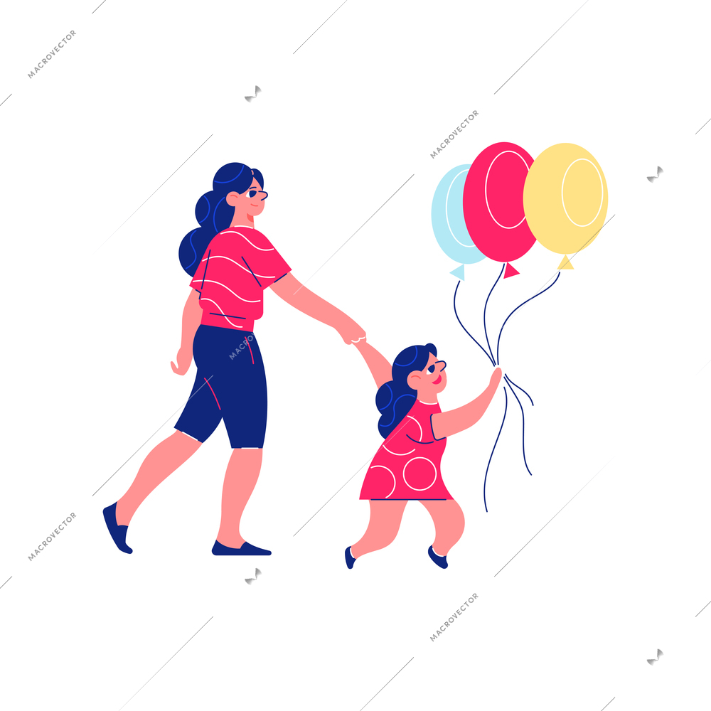 Circus funfair composition with character of little girl with balloons and mother vector illustration