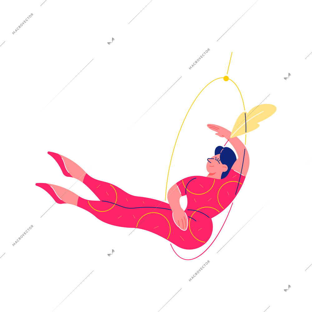 Circus funfair composition with human character of acrobat hanging on hoop vector illustration