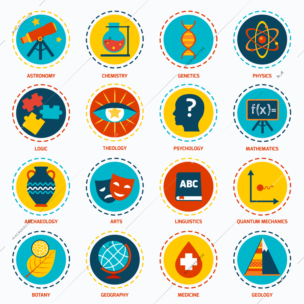 Science areas icons set with astronomy chemistry genetics isolated vector illustration