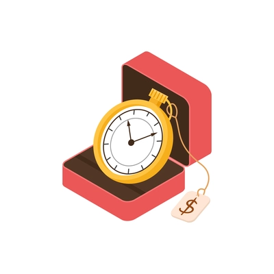 Pawn shop isometric composition with isolated image of vintage watches in case with price tag vector illustration