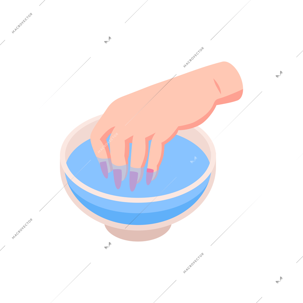 Isometric nails manicure composition with isolated image of nails drown into water plate vector illustration