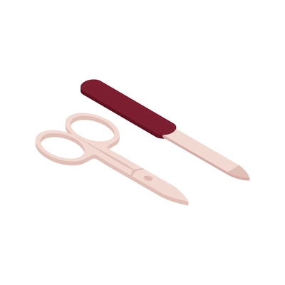 Isometric nails manicure composition with isolated image of fingernail file with scissors vector illustration