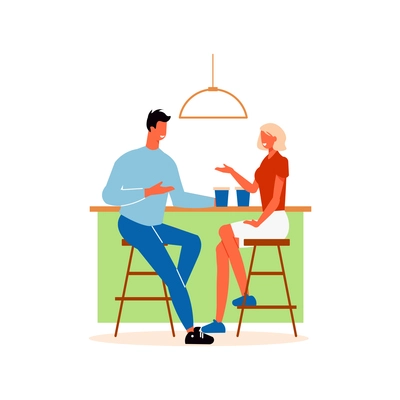 Cozy cafe interior composition with characters of man and woman drinking coffee at bar counter vector illustration