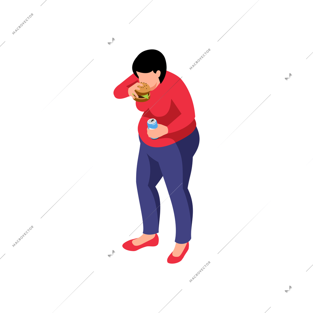 Isometric obesity unhealthy diet lifestyle composition with female character eating burger with beverage drink vector illustration