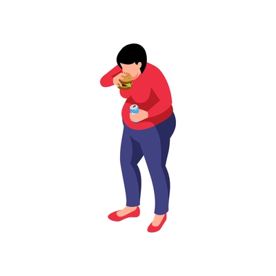 Isometric obesity unhealthy diet lifestyle composition with female character eating burger with beverage drink vector illustration