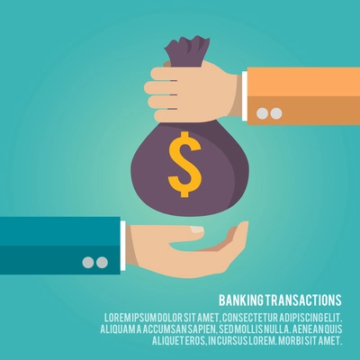 Human hand gives money bag to another person payment banking poster vector illustration