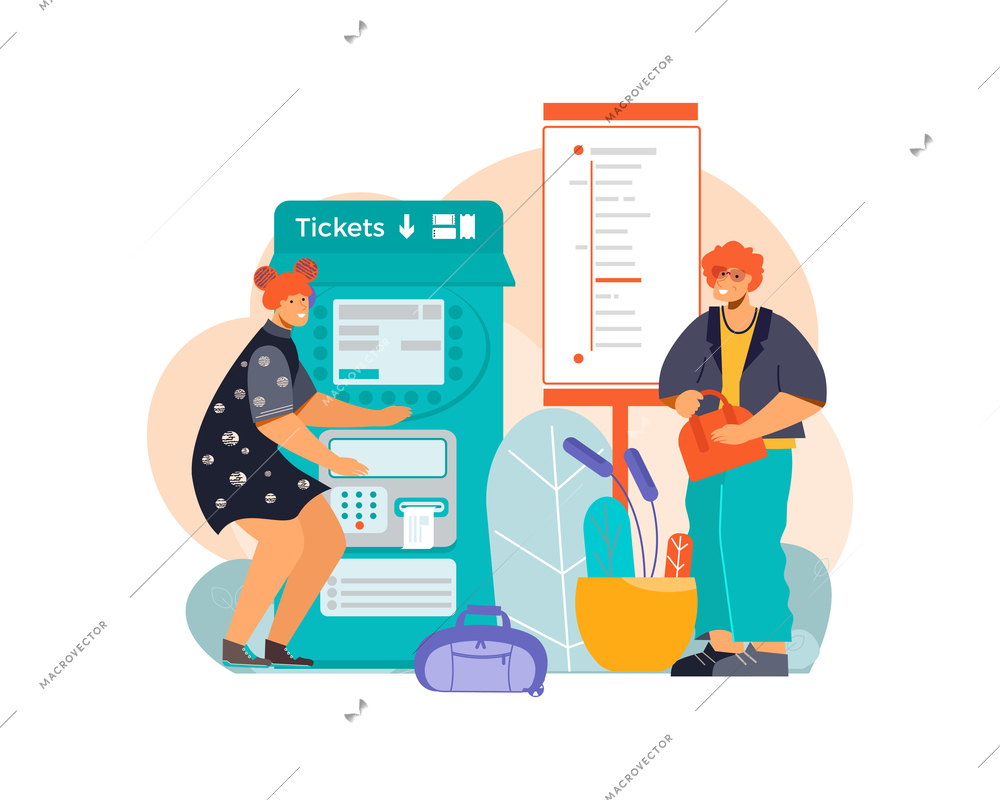 Public transport composition with characters of tourist passengers buying tickets in machine vector illustration