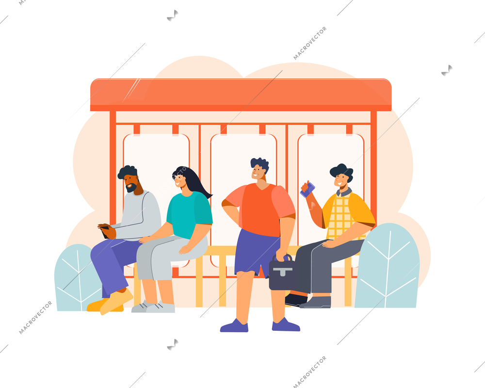 Public transport composition with characters of passengers waiting at bus stop shelter vector illustration