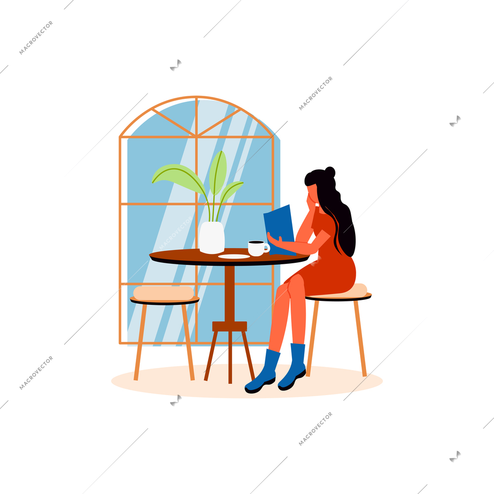 Cozy cafe interior composition with female character sitting at cafe table vector illustration