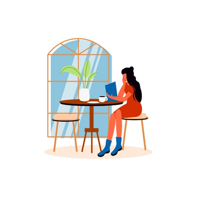 Cozy cafe interior composition with female character sitting at cafe table vector illustration