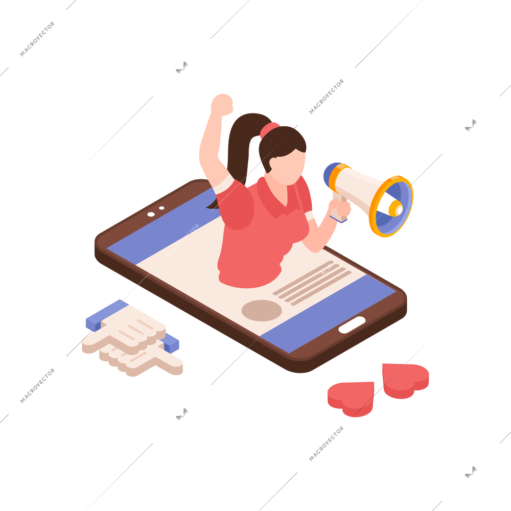 Hype in social media isometric concept with woman holding megaphone vector illustration