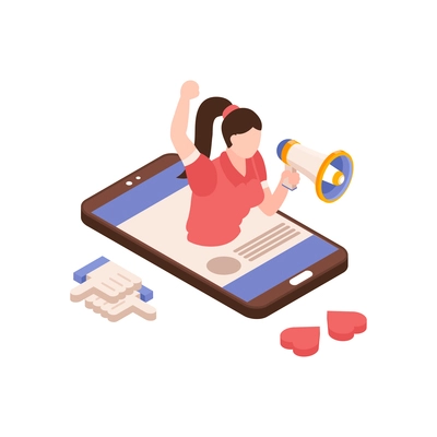 Hype in social media isometric concept with woman holding megaphone vector illustration