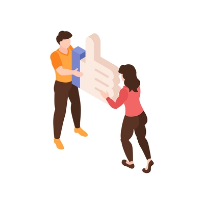 Social media isometric icon with two people holding symbol of like vector illustration