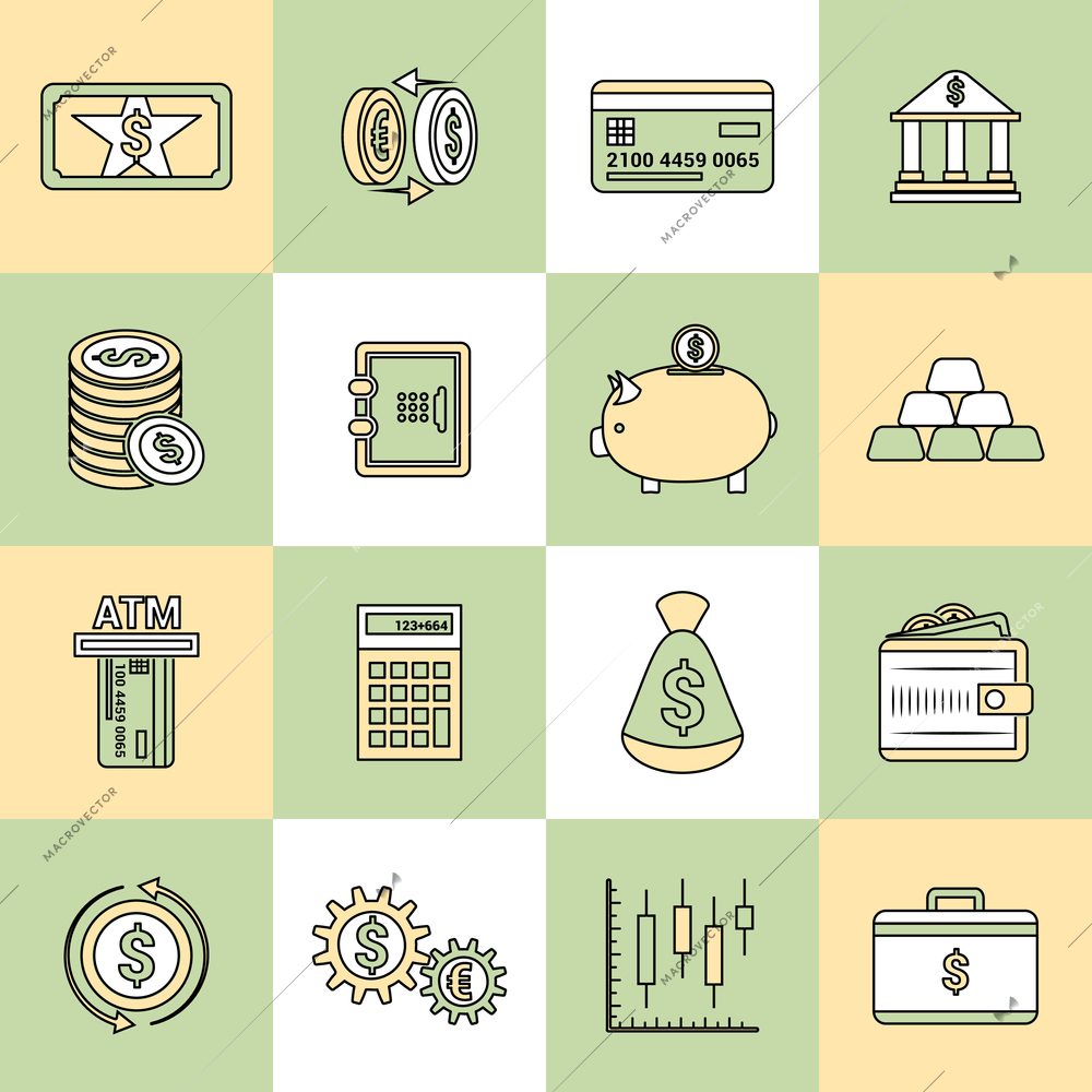 Bank service money flat line icons set with deposit wealth growth isolated vector illustration