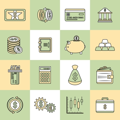 Bank service money flat line icons set with deposit wealth growth isolated vector illustration